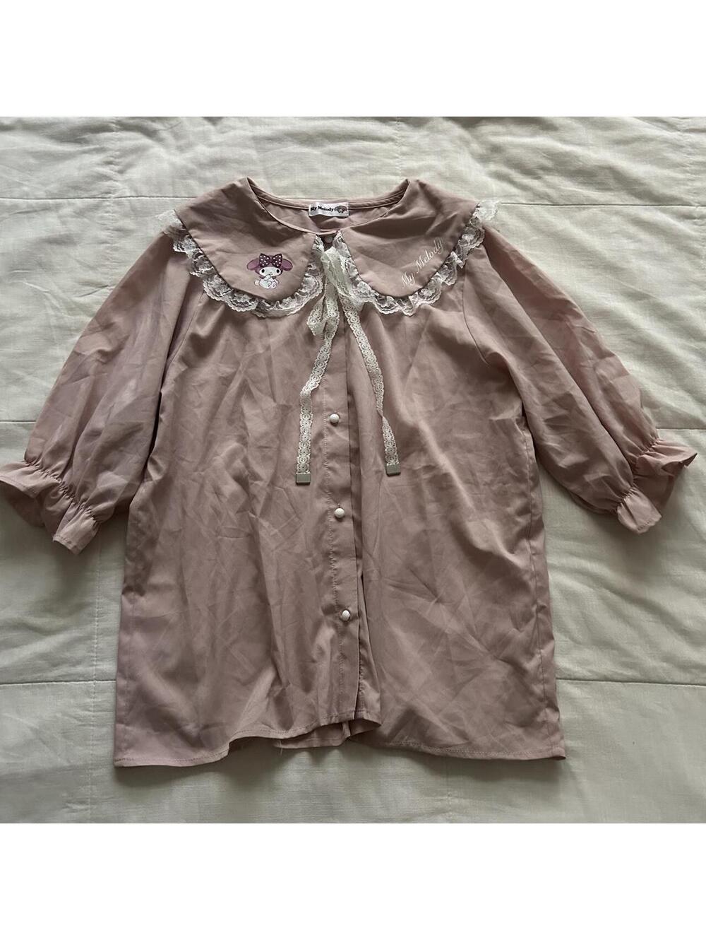 My Melody Pink Blouse Lace Sailor Collar Ribbon Bow Ruffle Sleeve Small